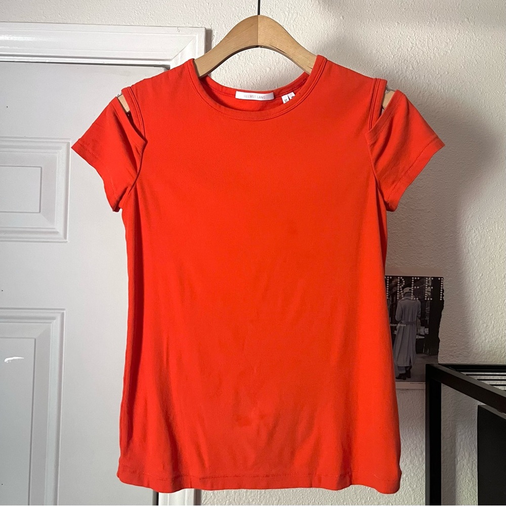 HELMUT LANG orange rib knit crew cropped cutout short sleeve tshirt